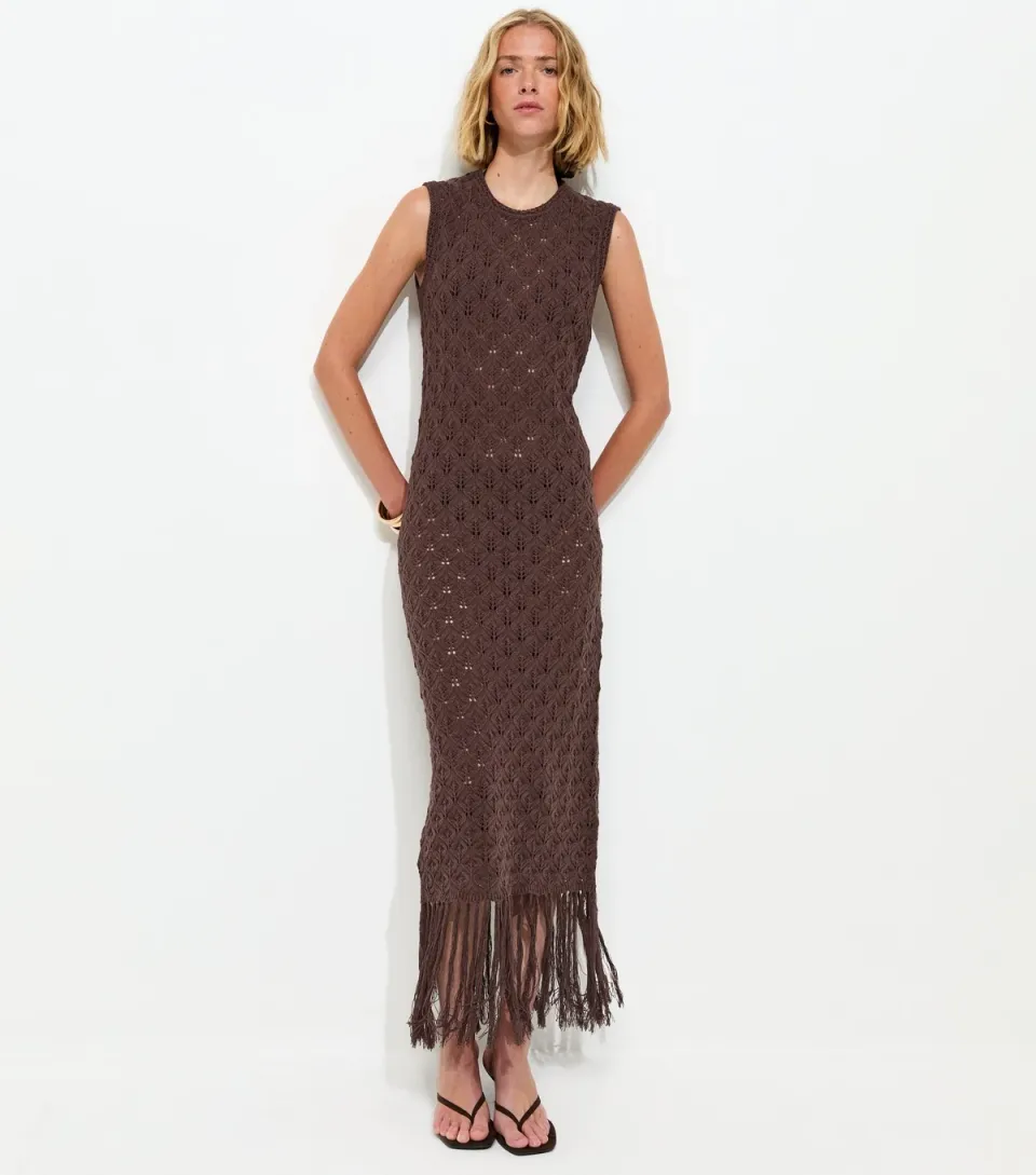 Women's Dark Brown Crochet Fringe Hem Maxi Dress