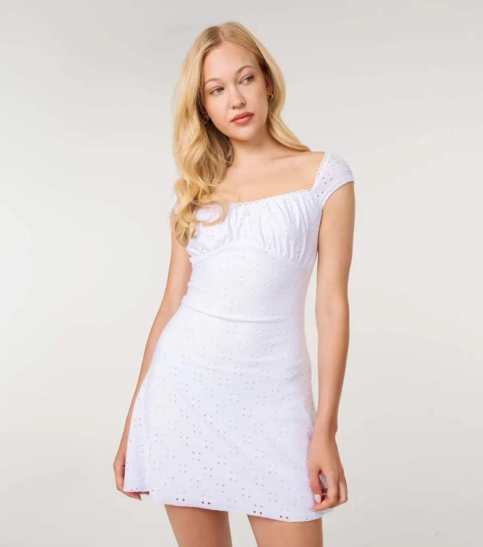Women's Cream Cap Sleeve Broderie Embroidered Mini Dress