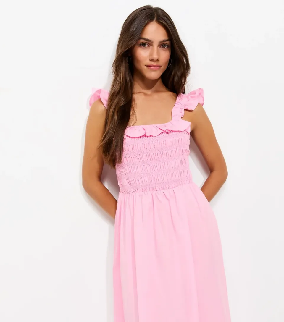 Women's Petite Light Pink Cotton Tie Back Shirred Midi Dress