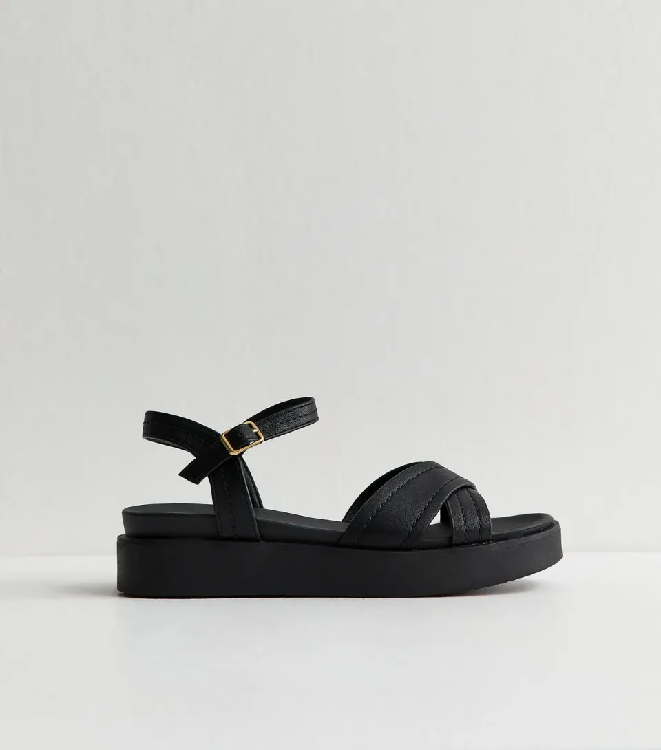 Women's Black Faux Leather Cross Over Flatform Sandals Vegan