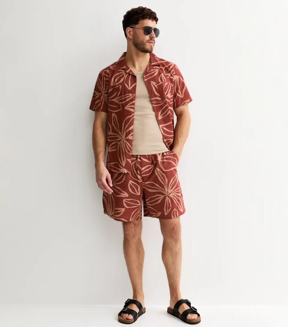 Men's Red Relaxed Floral Cotton Shorts
