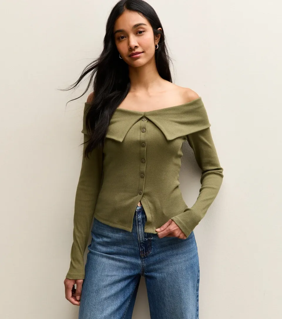 Women's Dark Khaki Folded Bardot Neck Button Up Top