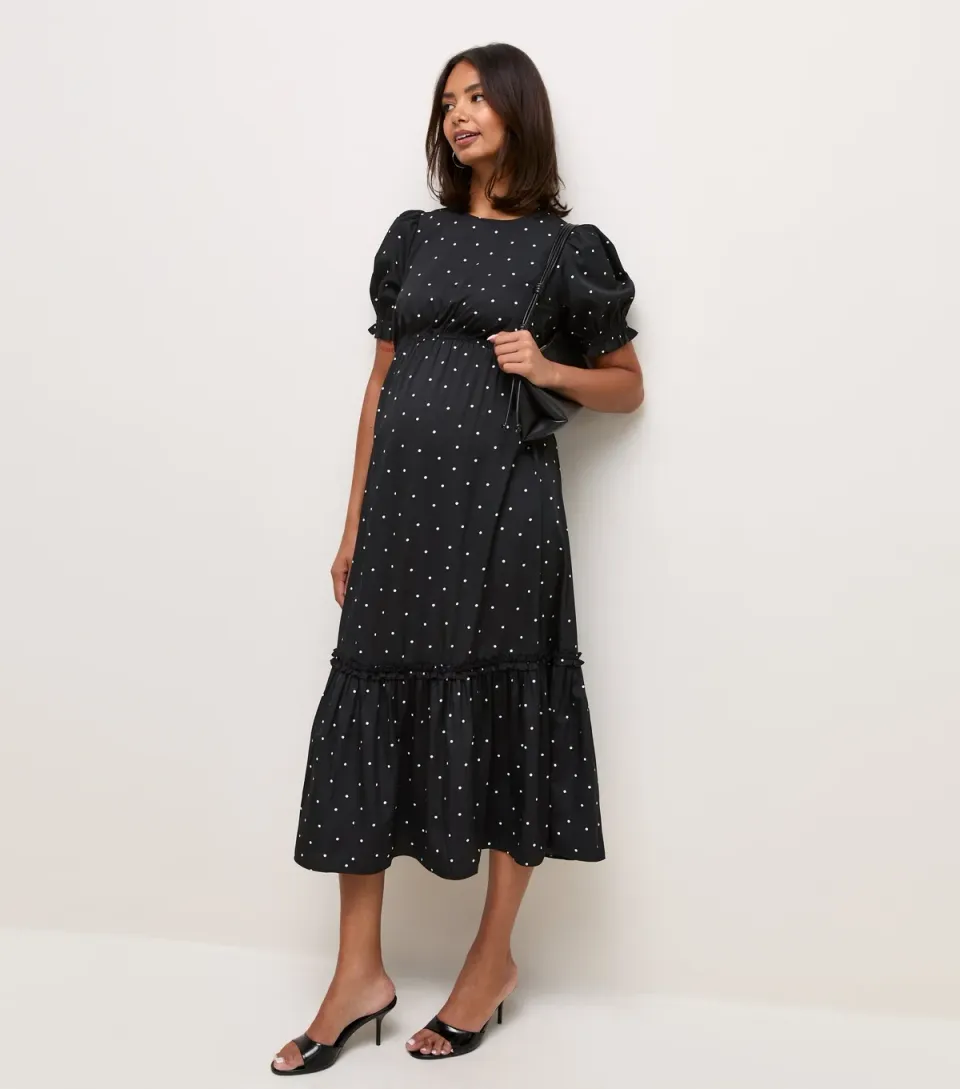 Women's Maternity Black and White Polka Dot Puff Sleeve Midi Dress
