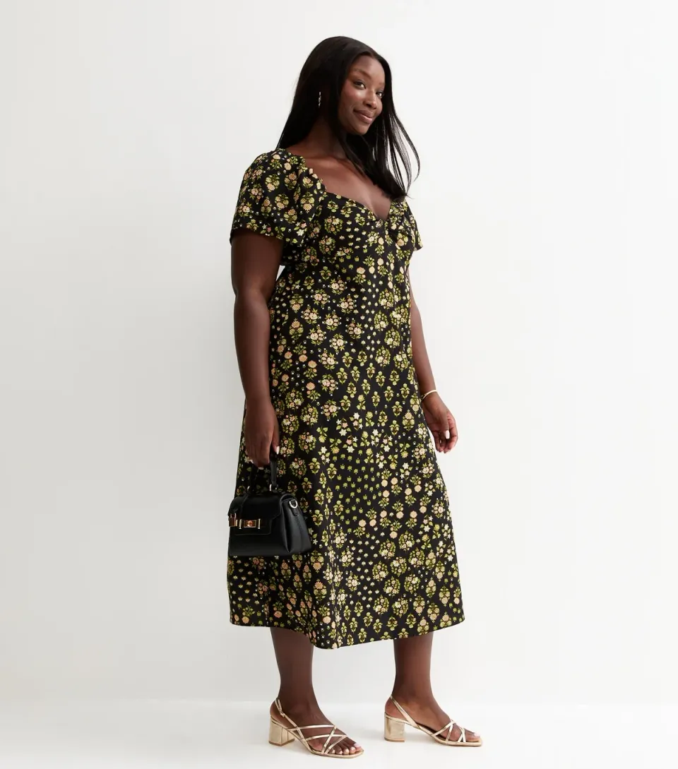 Women's Plus Size Black Tea Floral Midi Dress Curves