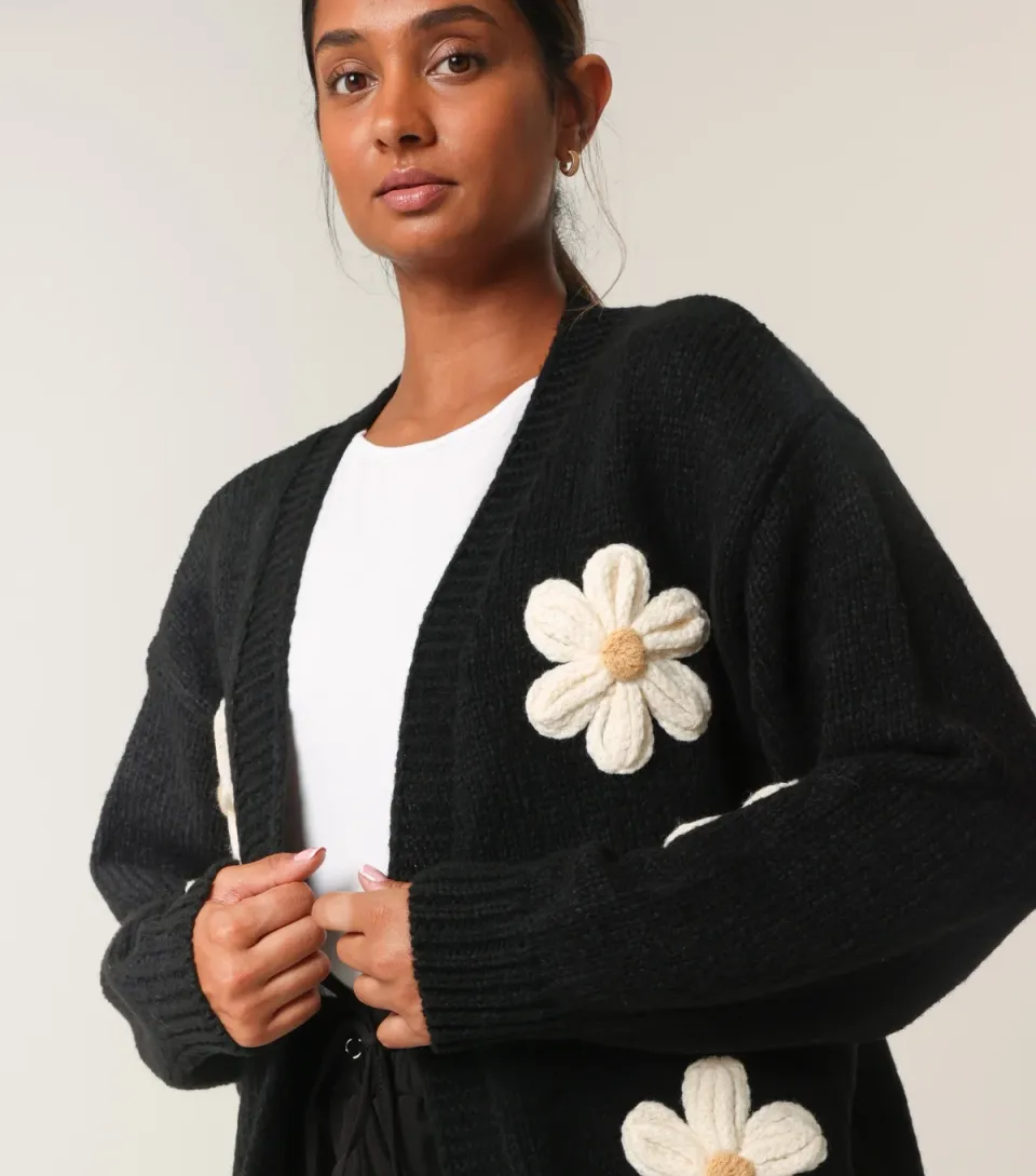 Women's Black Daisy Embroidered Cardigan