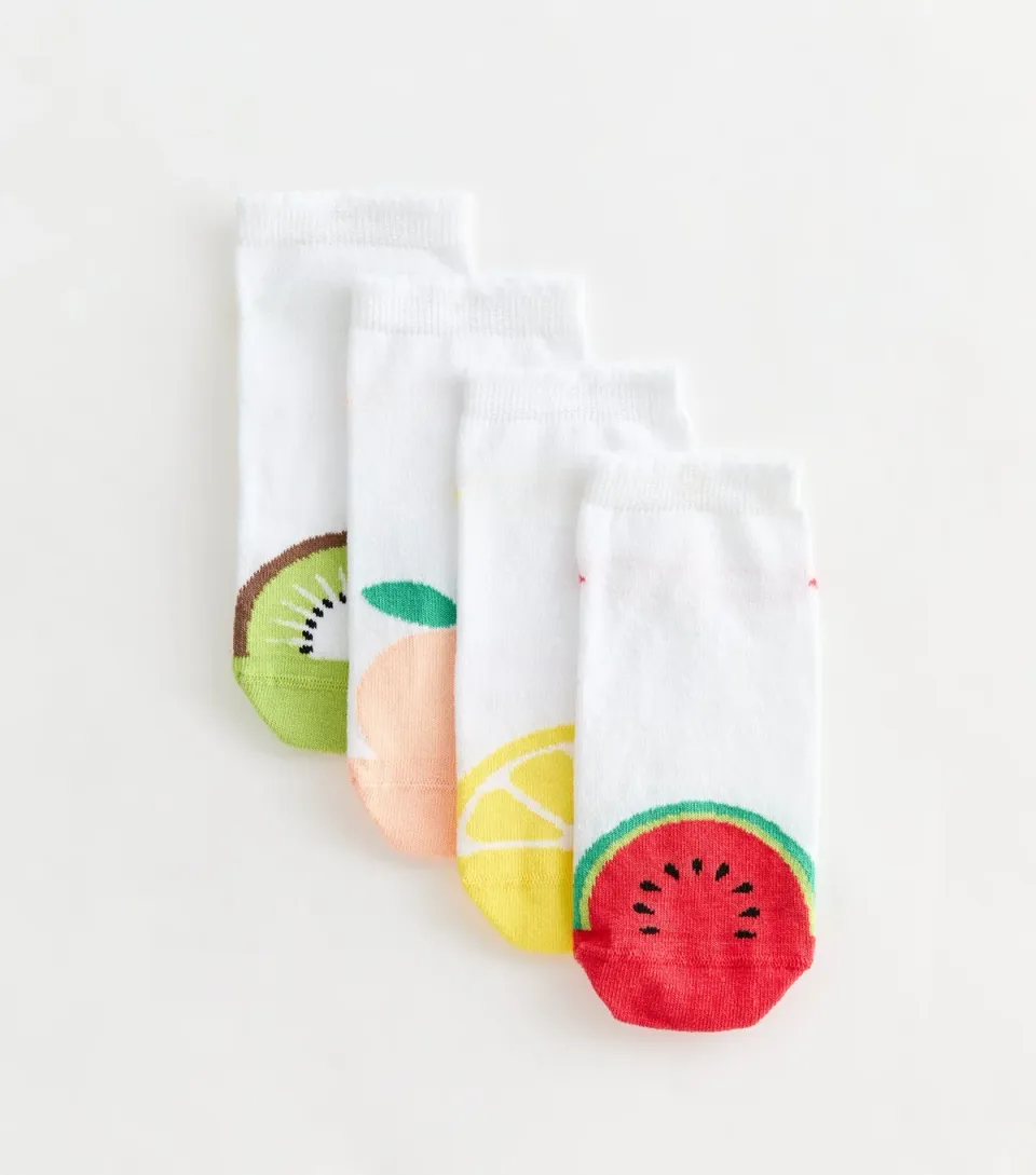 Pack of 4 White Multicolour Fruit Patterned Trainer Socks