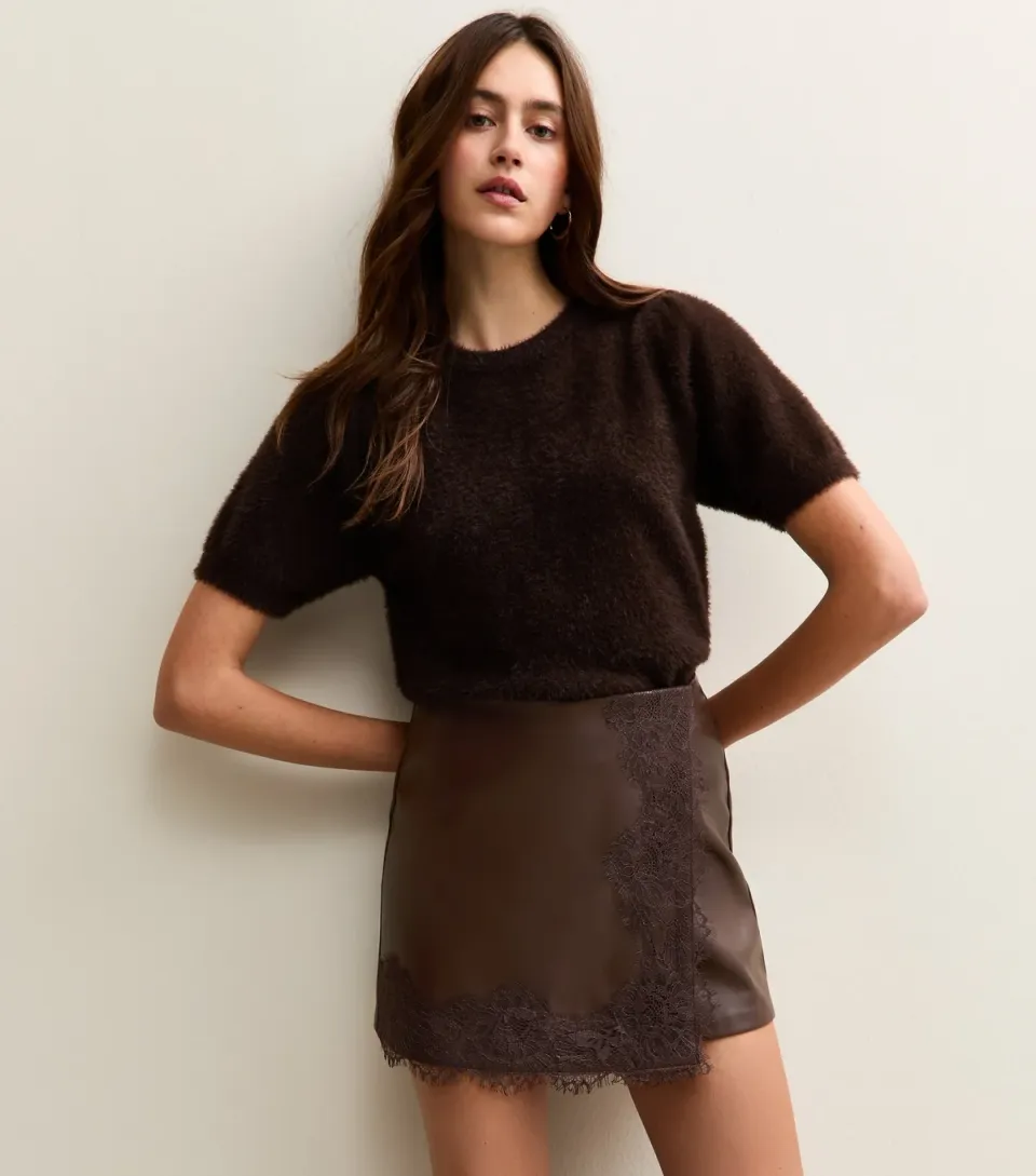 Women's Brown Faux Leather Lace Trim Wrap Mini Skort