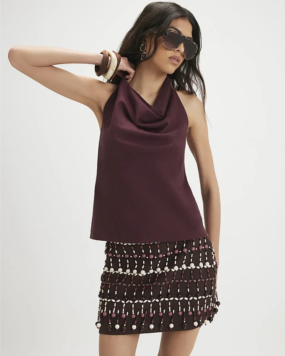 Linen Blend Cowl Neck Top