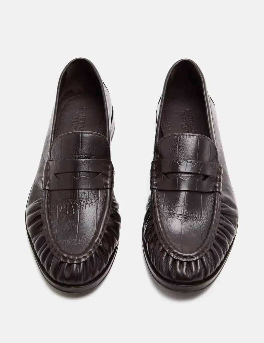 Ruched Leather Slip On Loafers Dark Brown
