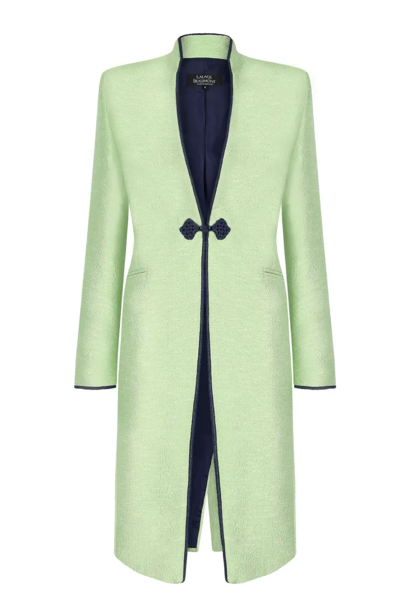 Chartreuse/Navy Dress Coat in Summer Brocade with Cord Trim and Frogging - Vicky