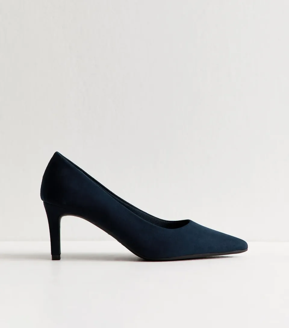 Women's Navy Faux Suede Mid Stiletto Heel Court Shoes Vegan