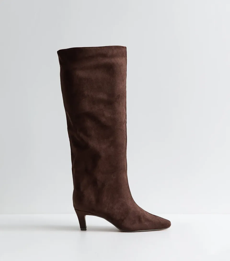 Women's Dark Brown Faux Suede Slouchy Pointed Knee Boots