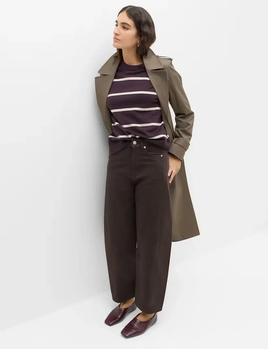 Pure Cotton High Waisted Barrel Leg Cropped Trousers Bitter Chocolate