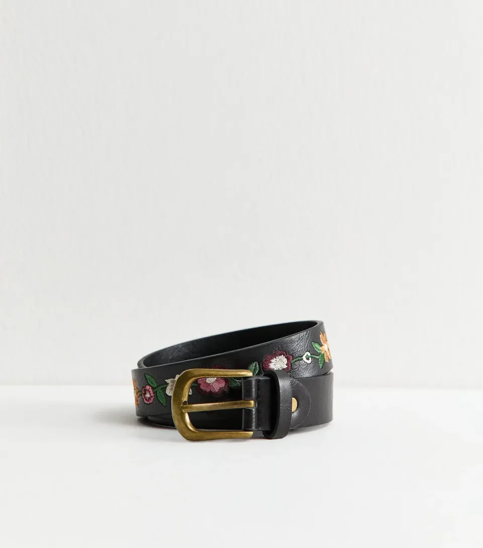 Black Faux Leather Embroidered Flower Belt