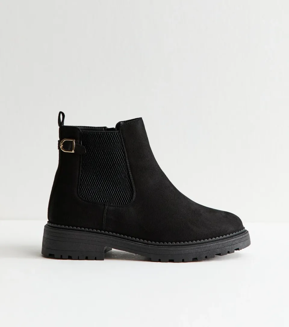 Women's Wide Fit Black Faux Suede Chunky Chelsea Boots Vegan