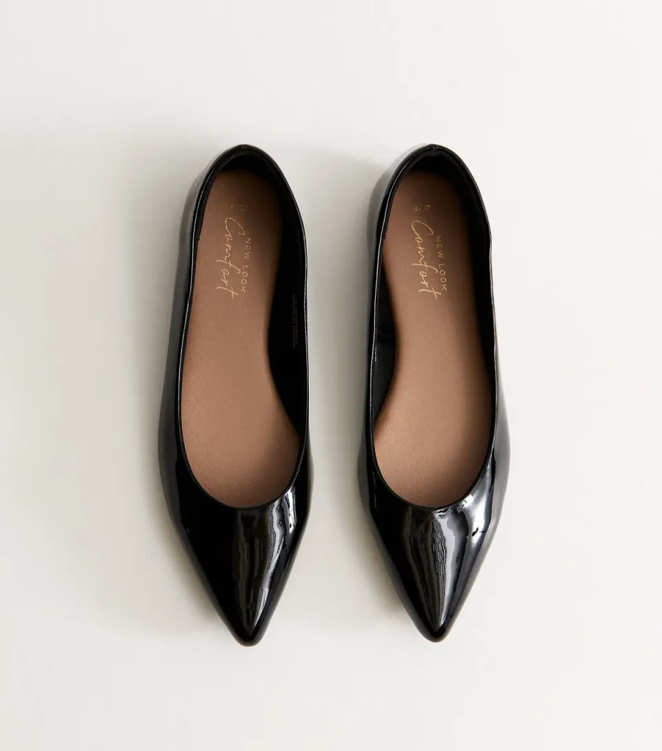 Women's Black Patent Faux Leather Pointed Toe Ballerina Flats Vegan
