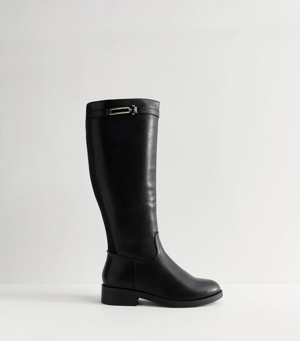 Women's Wide Fit Black Faux Leather Knee High Boots Vegan