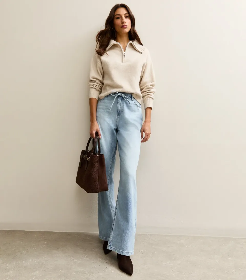 Women's Tall Blue Denim Self Tie Drawcord Waist Wide Leg Jeans