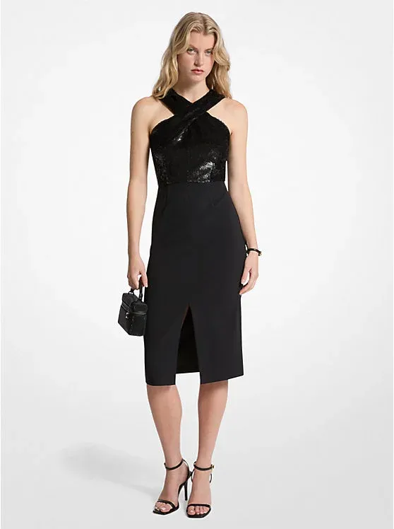 Sequined and Crepe Halter Dress