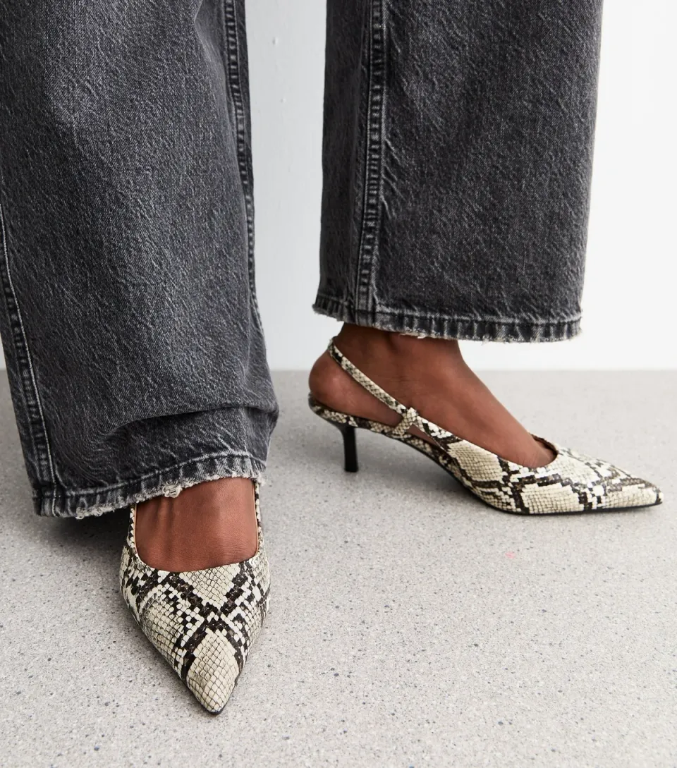 Women's Cream Snake Effect Faux Leather Slingback Pumps Vegan