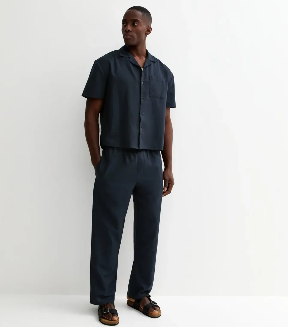 Men's Navy Regular Cotton High Waisted Wide Leg Trousers