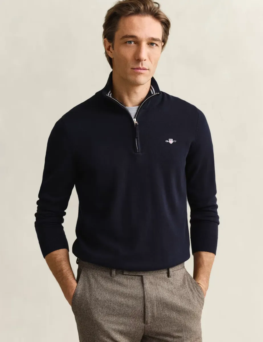 Pure Cotton Funnel Neck Half Zip Jumper Navy