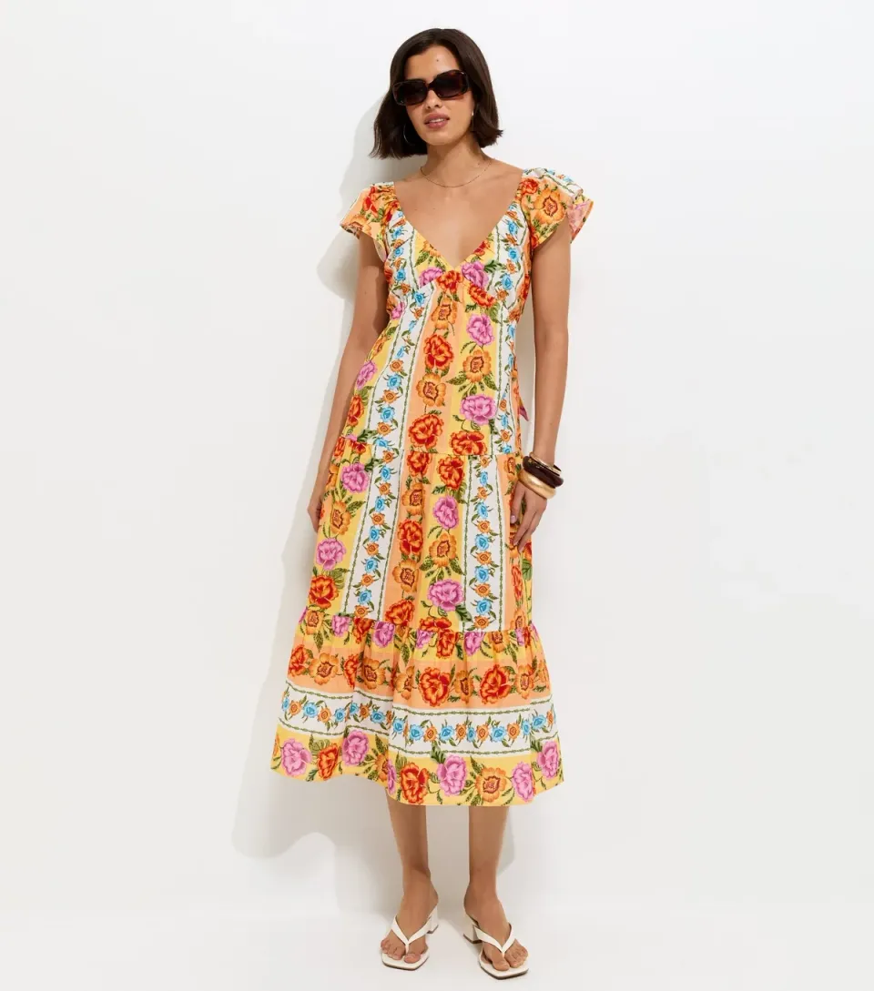 Women's Yellow Cotton Floral Flutter Sleeve Midi Dress