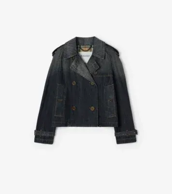 Cropped Denim Mayfair Trench Jacket in Mid blue