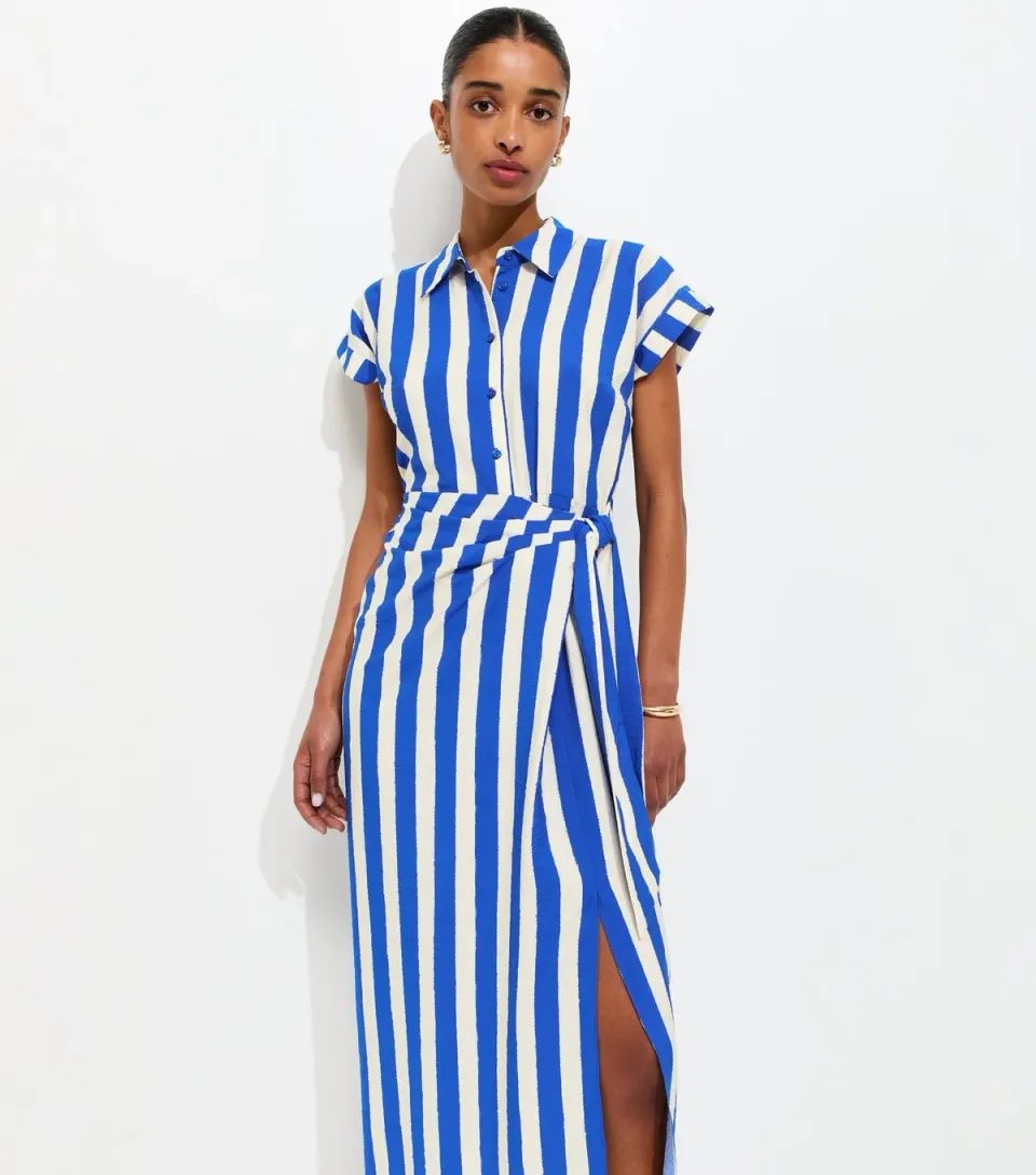 Women's Blue Stripe Tie Waist Midi Shirt Dress