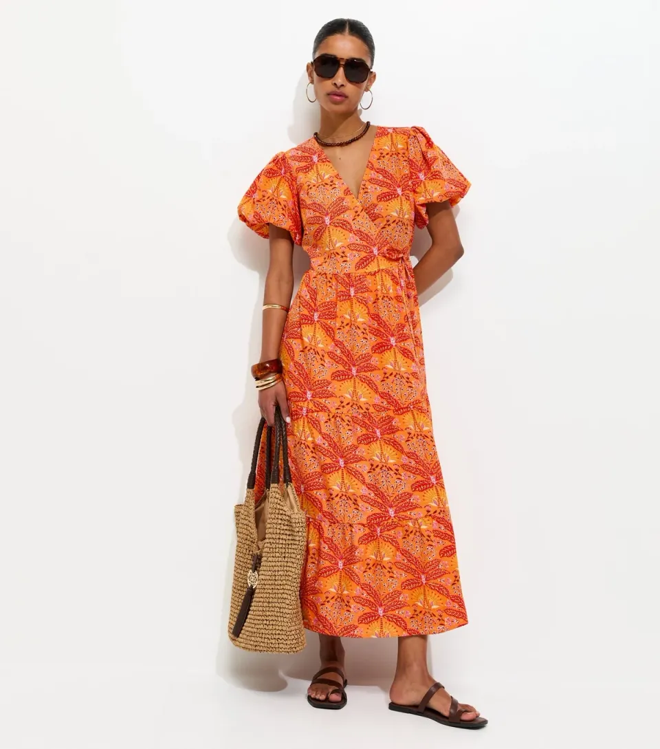 Women's Orange Crepe Tropical Pattern Wrap Midi Dress
