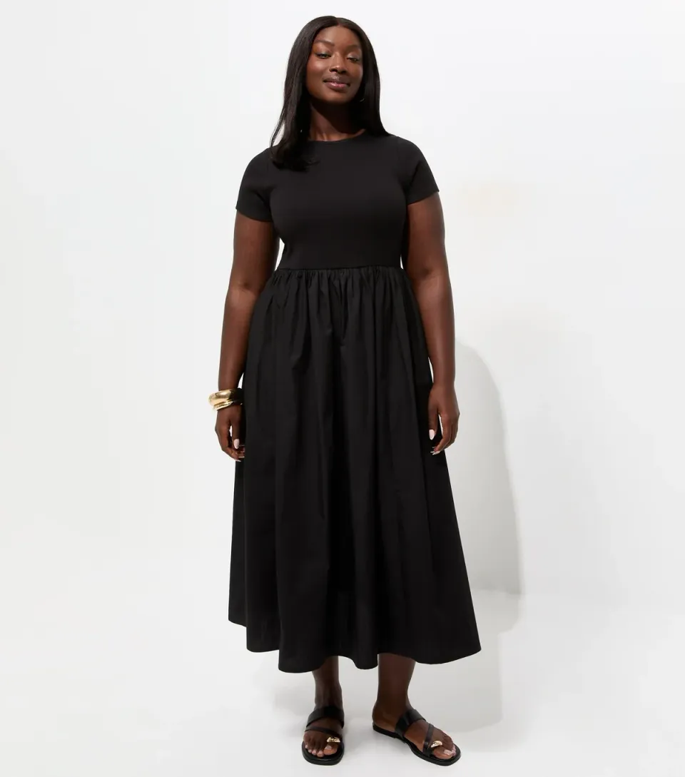 Women's Plus Size Black Cotton Rich Drop Waist Short Sleeve Midi Dress Curves