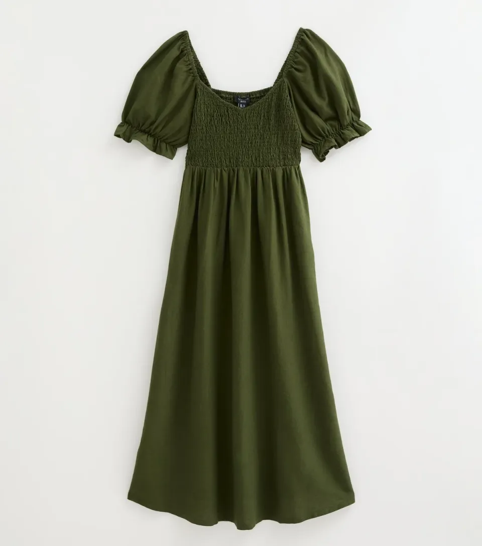 Women's Petite Dark Khaki Shirred Bodice Puff Sleeve Midi Dress