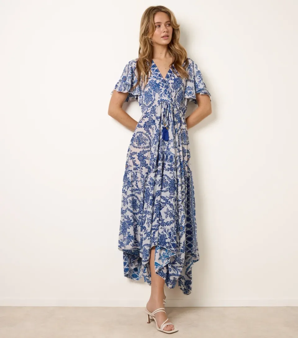 Women's Navy Floral Print Asymmetric Hem Wrap Dress