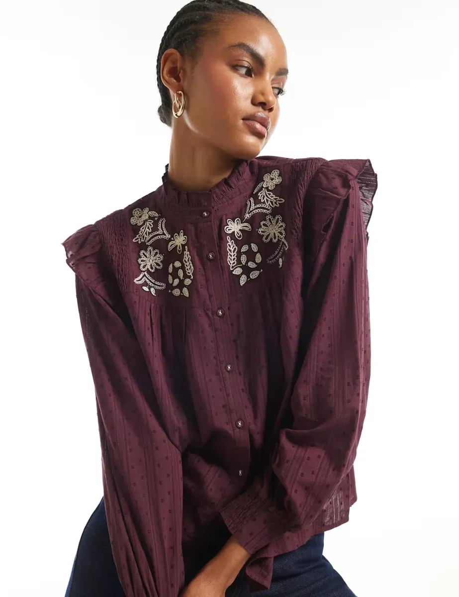 Pure Cotton Embroidered High Neck Blouse