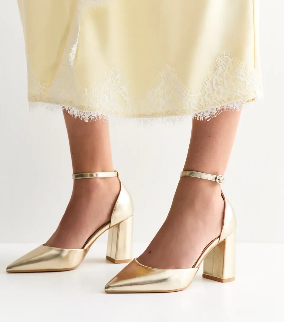 Women's Wide Fit Gold Faux Leather Ankle Strap Court Shoes Vegan