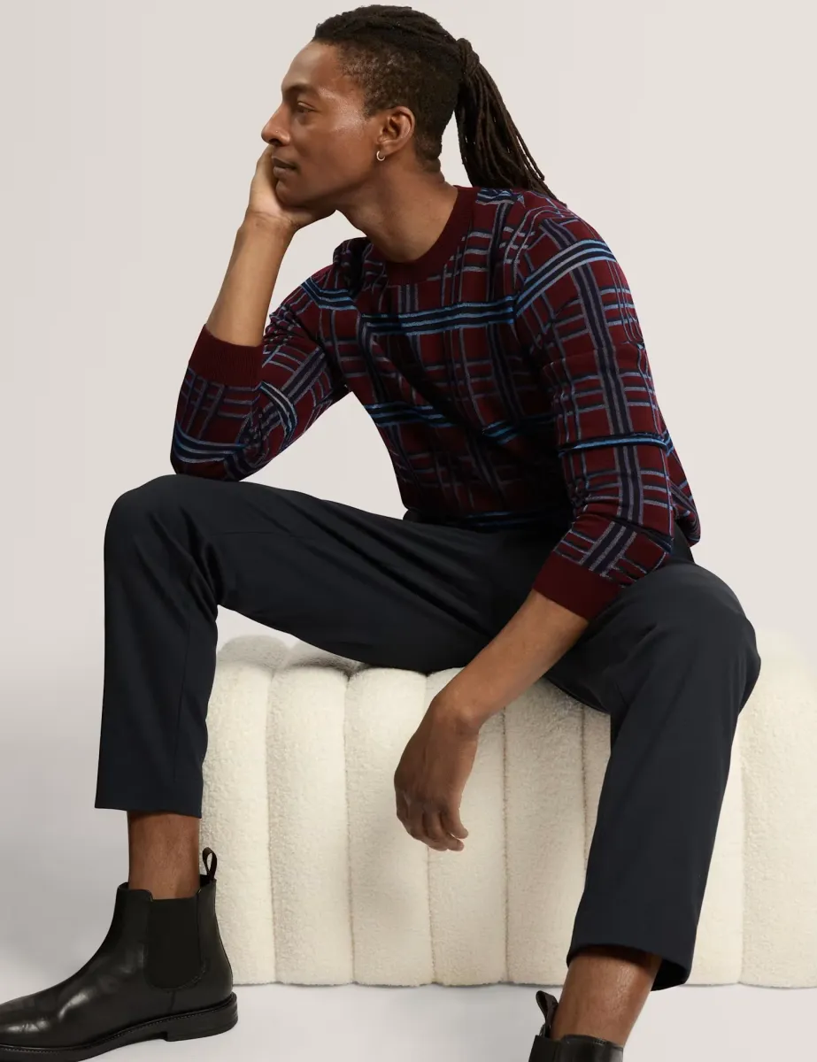 Wool Blend Checked Crew Neck Jumper Burgundy