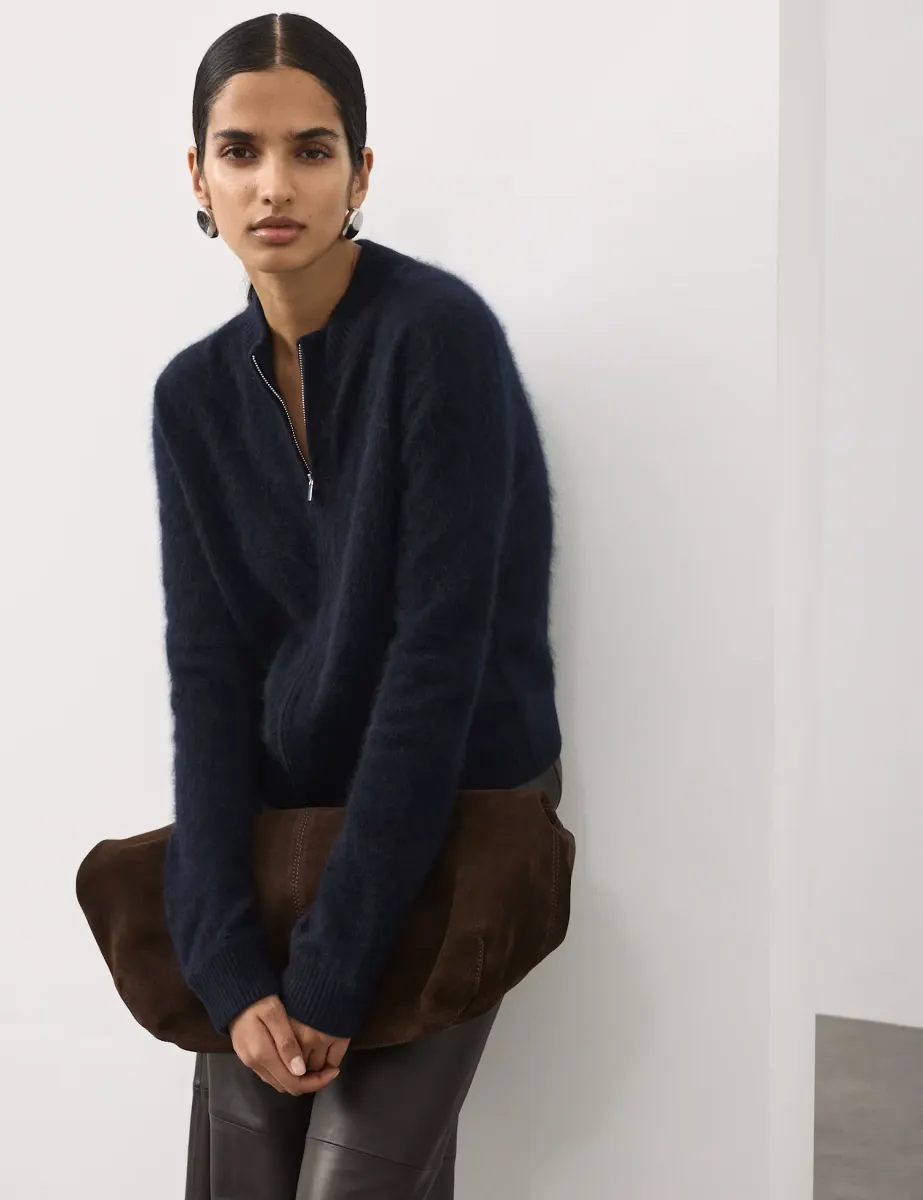 Wool Rich Brushed Zip Up Cardigan with Cashmere Midnight Navy