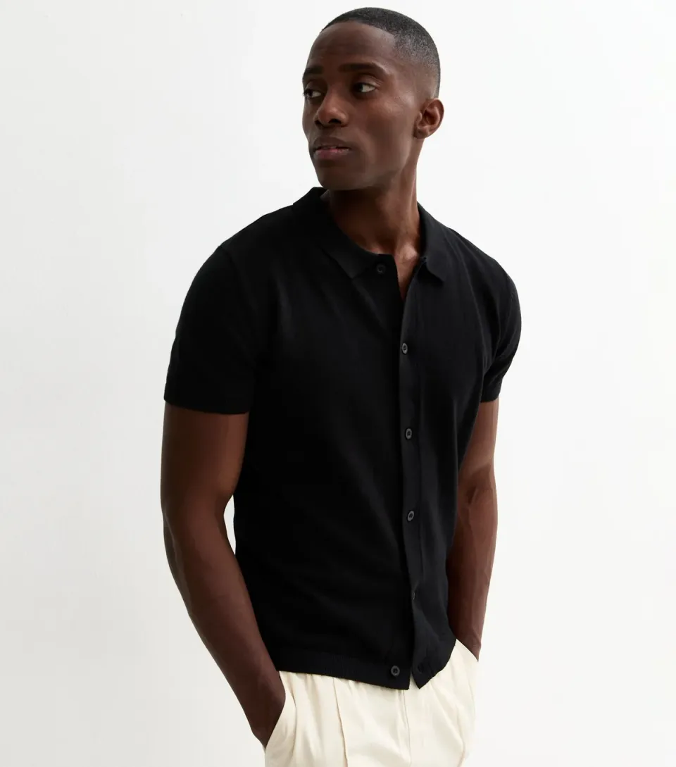 Men's Black Regular Button Through Polo Top