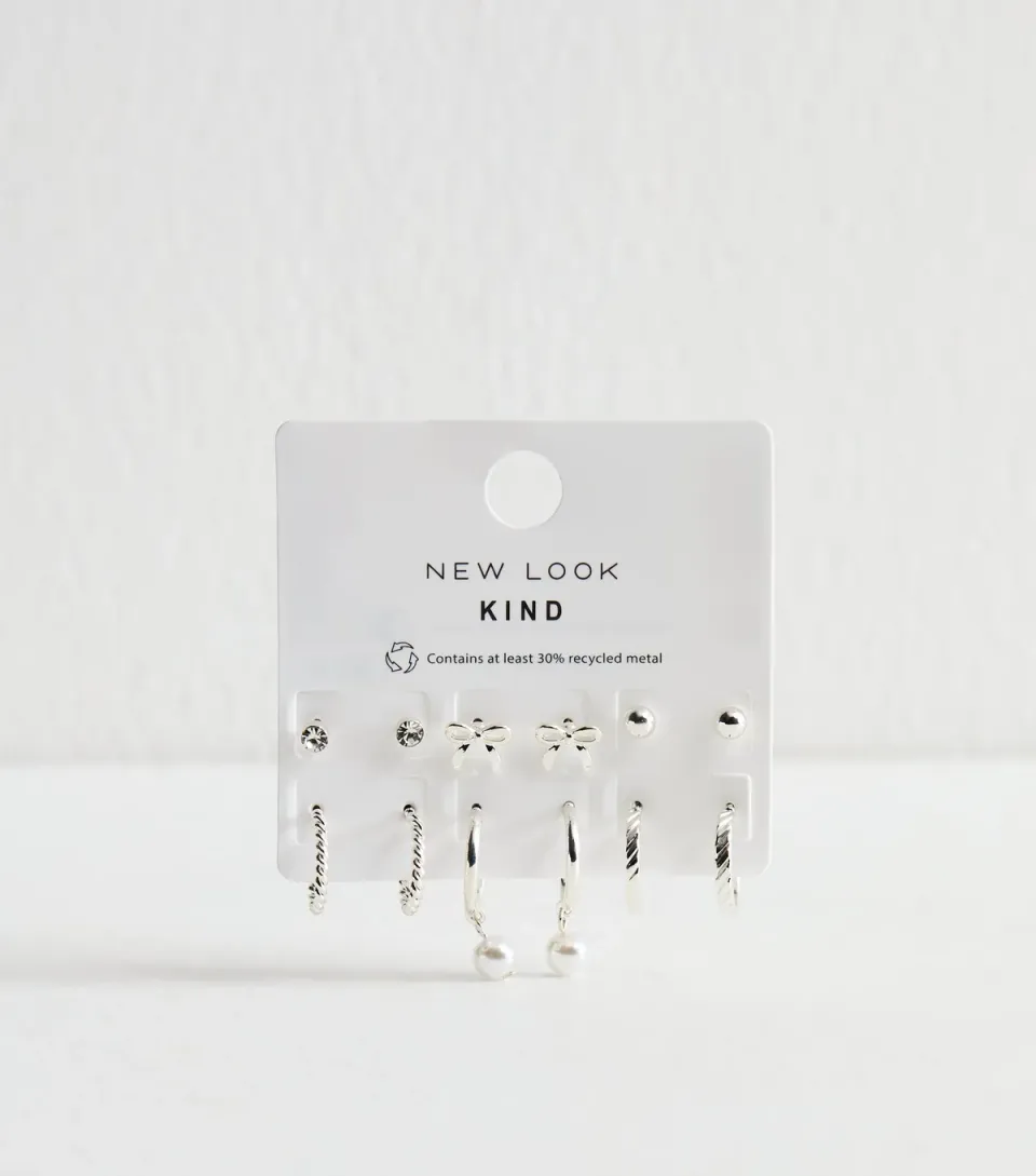 Silver Tone Pack of 6 Assorted Stud and Hoop Earrings