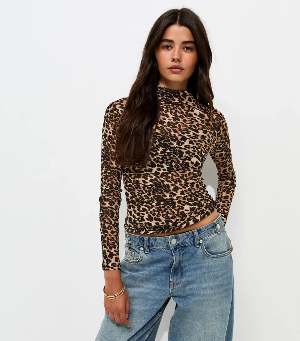 Women's Brown Mesh Jersey Leopard Print Long Sleeve High Neck Top