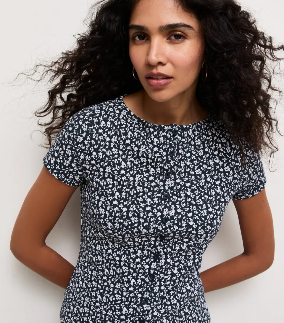 Women's Blue Ditsy Print Button Front Ribbed Jersey Top