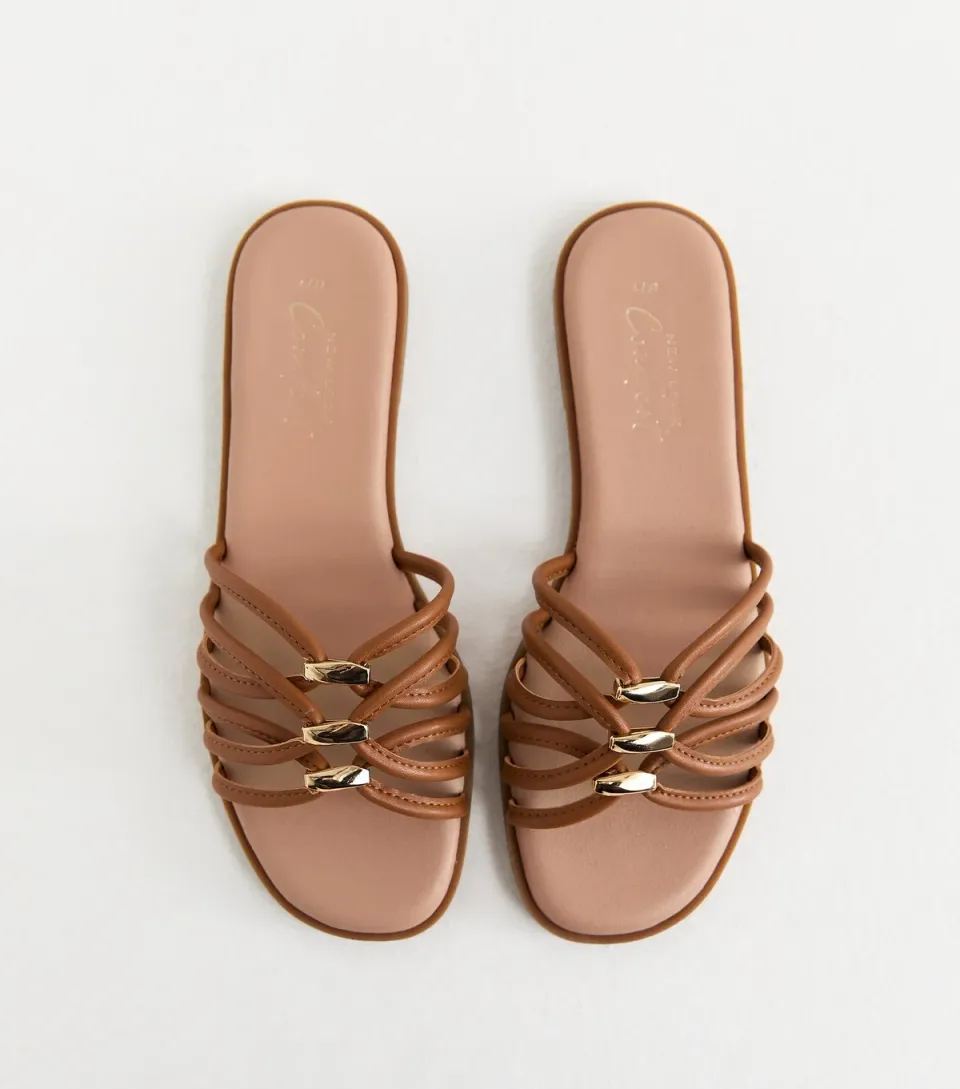 Women's Tan Faux Leather Strappy Hardware Mule Sandals Vegan