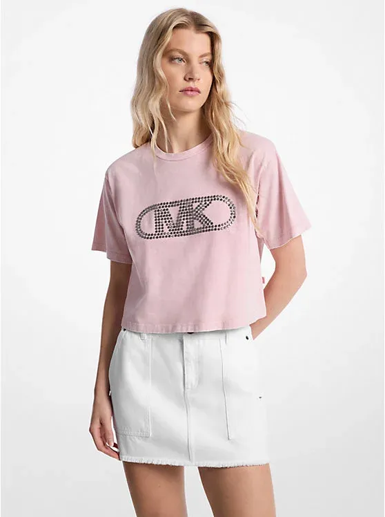 Studded Garment-Dyed Cotton Cropped T-Shirt