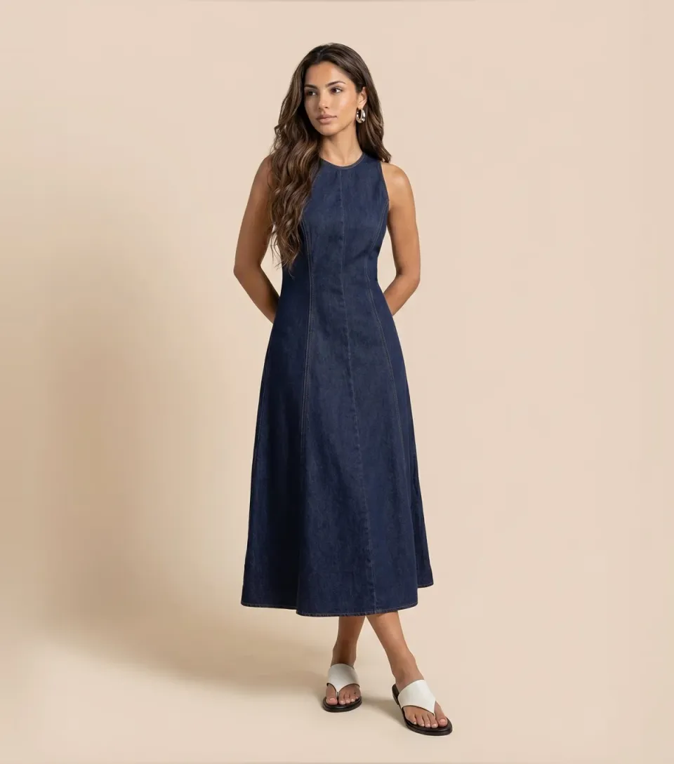 Women's Blue Denim Look Sleeveless A-Line Midi Dress
