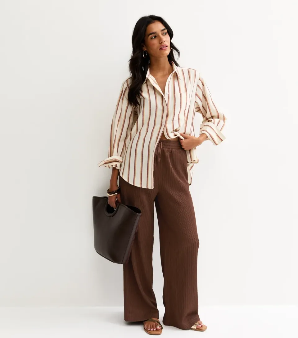 Women's Brown Textured Jersey Wide Leg Trousers