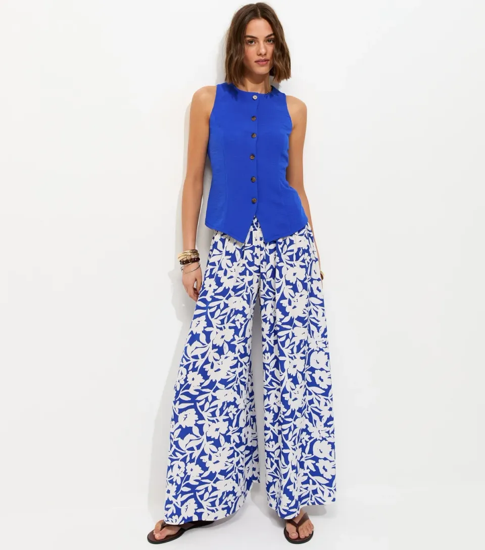 Women's Blue Crepe Floral Print Palazzo Trousers
