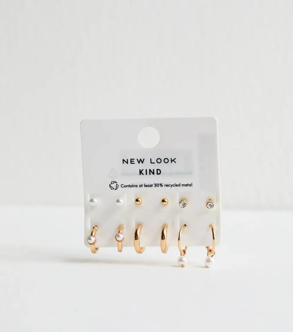 Pack of 6 Gold Tone Faux Pearl Mini Stud and Hoop Earrings