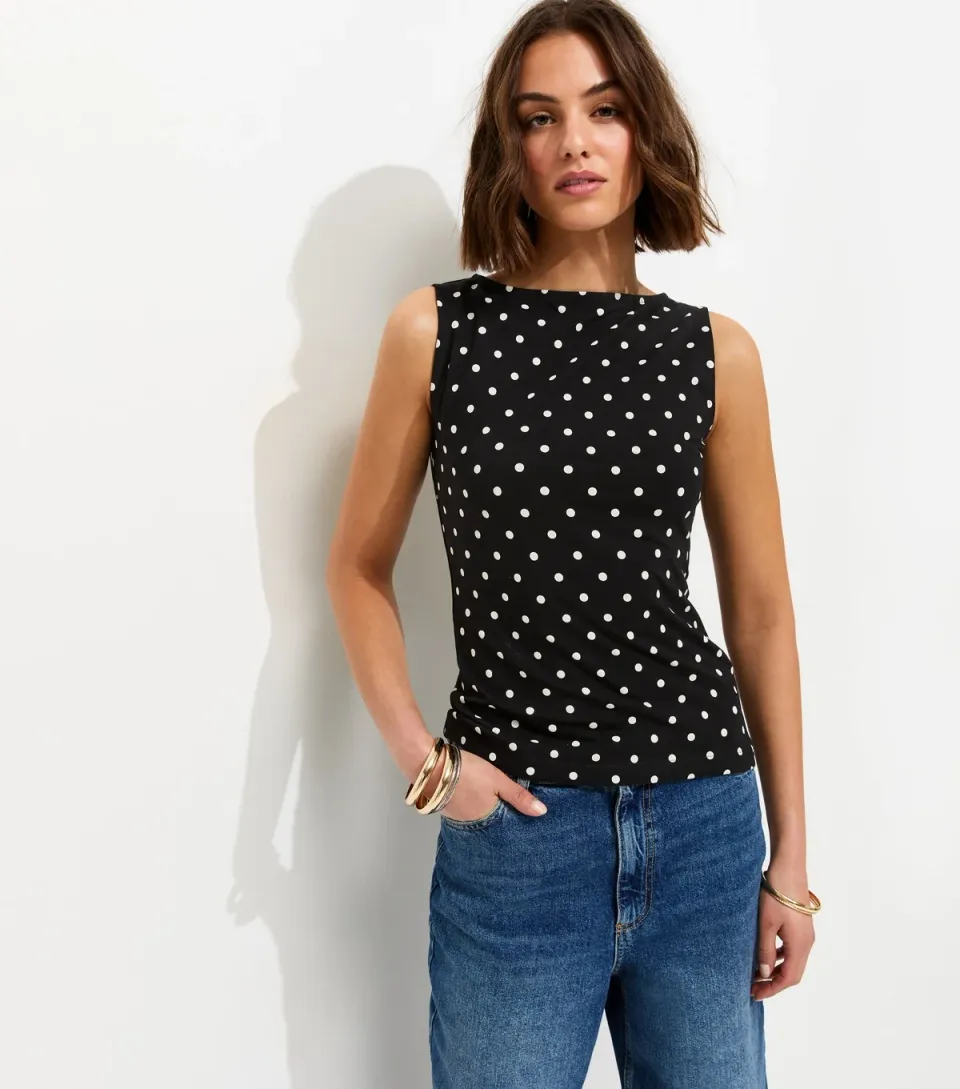 Women's Black Cotton Rich Polka Dot Slash Neck Sleeveless Top