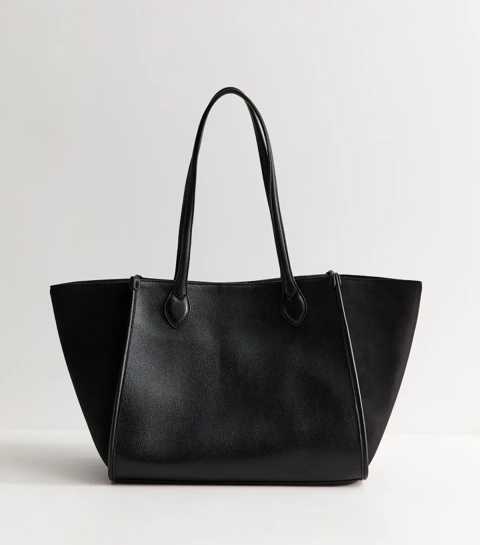 Black Faux Leather Contrast Wing Tote Bag Vegan