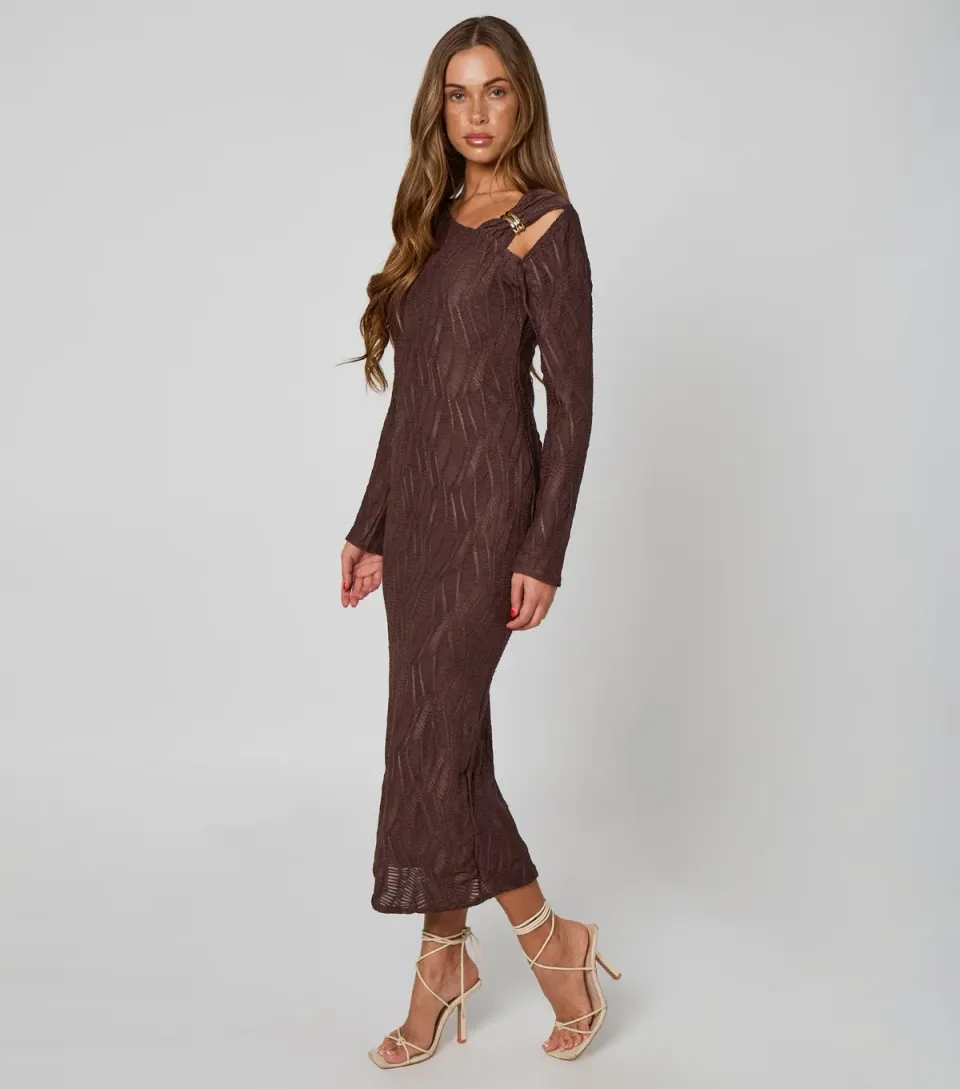 Women's Brown Textured Cut Out Midi Dress